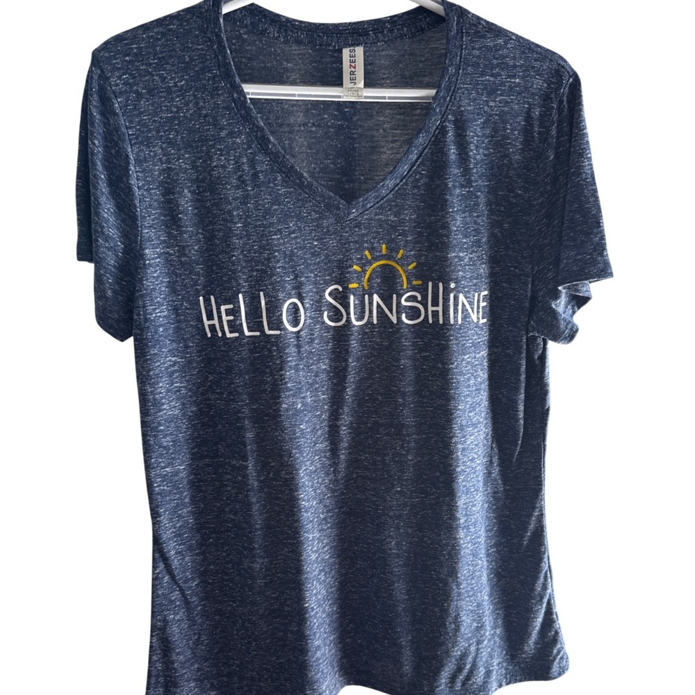Jerzees Hello Sunshine Graphic Tee Womens Large Blue Heather V-Neck T-Shirt